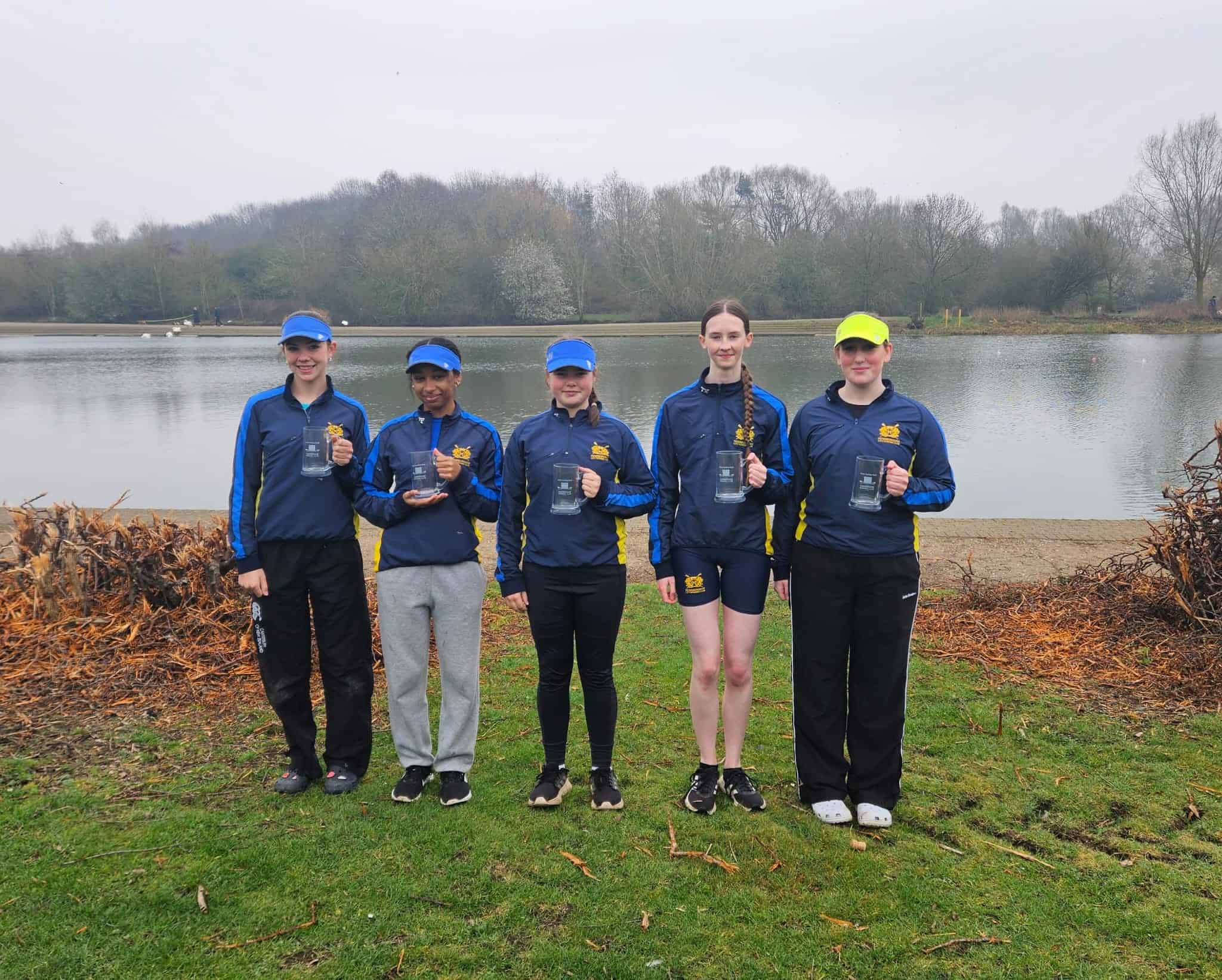Peterborough’s winners at the Cambridge City Junior Sculling Head on 22 March. From left: Bea Gregory (Open J13/14 1x); Lucy Agyapong and Harriet Barber WJ14 2x; Millie Yule and Molly Gilbert (WJ15 2x). Not pictured is Adam Waller (Open Band 2 J15 1x).